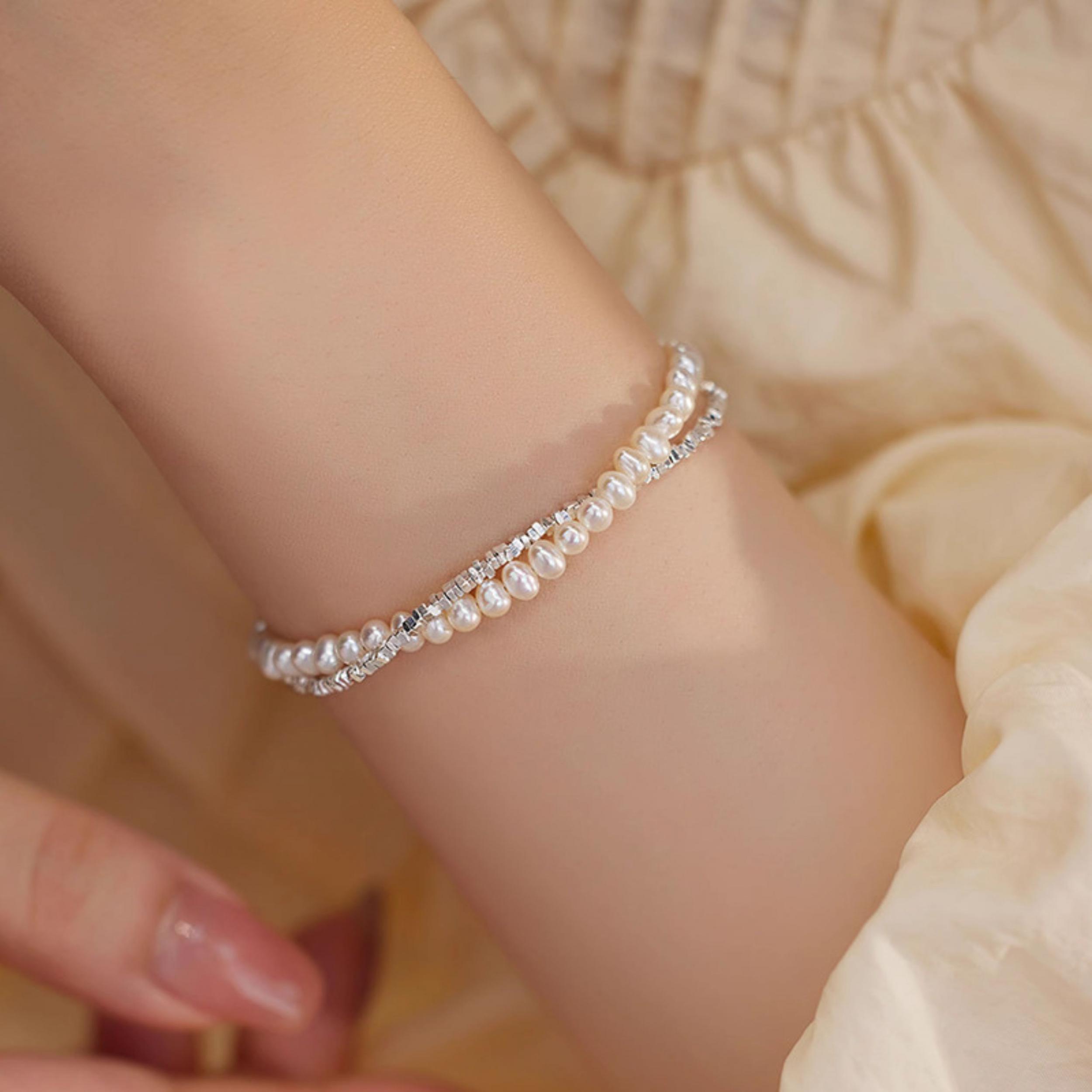 S925 Silver & Freshwater Pearl Double Layer Bracelet Romantic Accessory